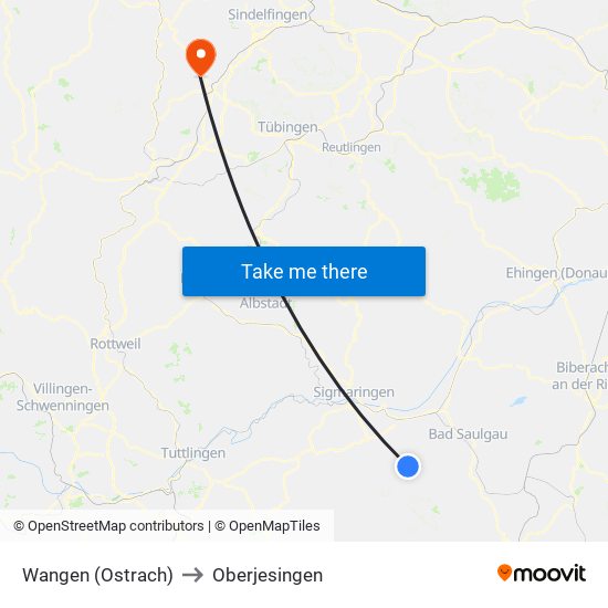 Wangen (Ostrach) to Oberjesingen map