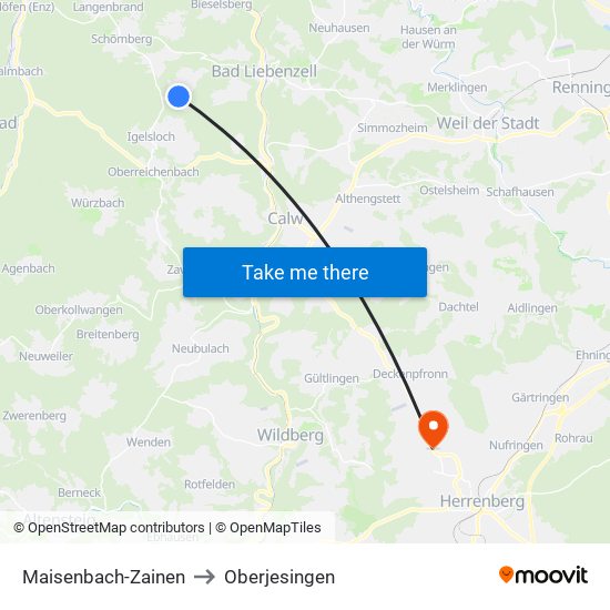 Maisenbach-Zainen to Oberjesingen map