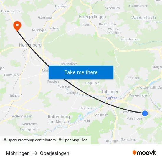 Mähringen to Oberjesingen map