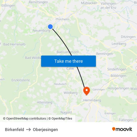 Birkenfeld to Oberjesingen map