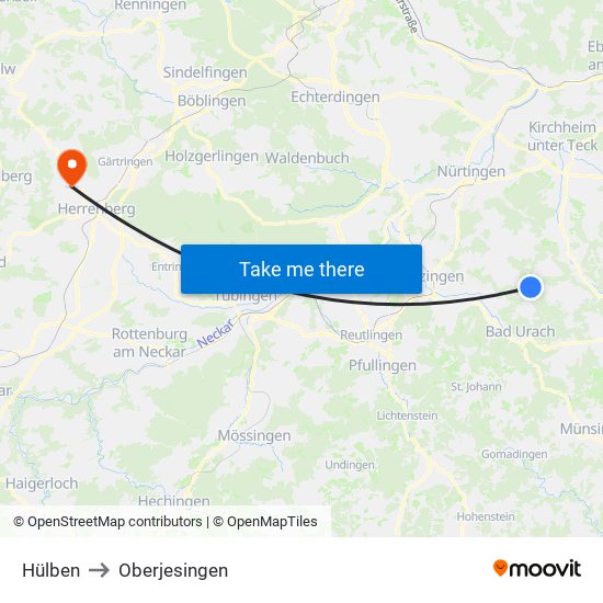 Hülben to Oberjesingen map