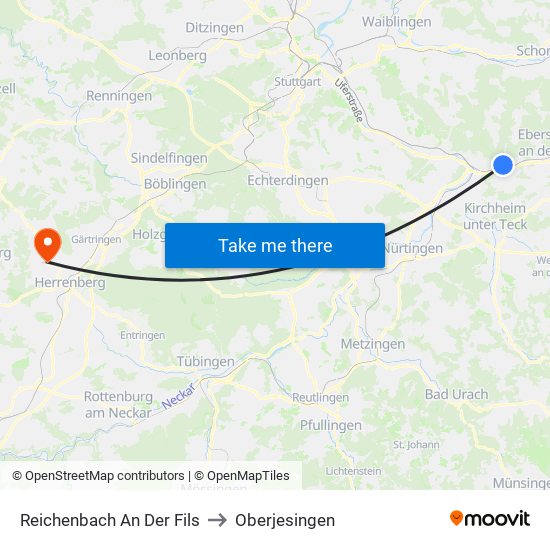 Reichenbach An Der Fils to Oberjesingen map