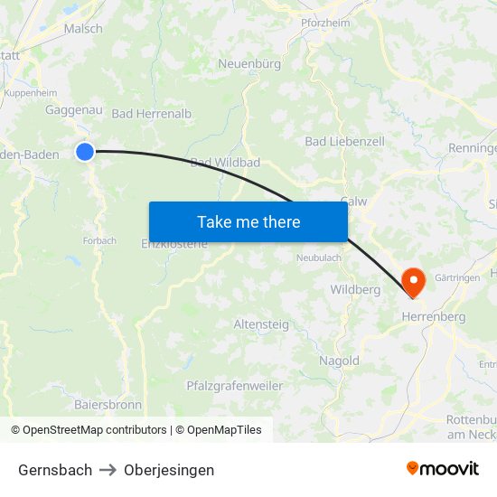 Gernsbach to Oberjesingen map