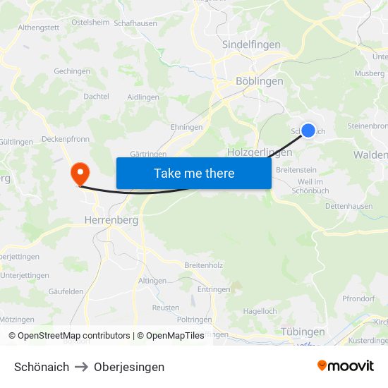 Schönaich to Oberjesingen map