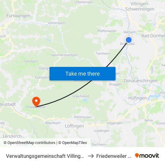 Verwaltungsgemeinschaft Villingen-Schwenningen to Friedenweiler (Kernort) map