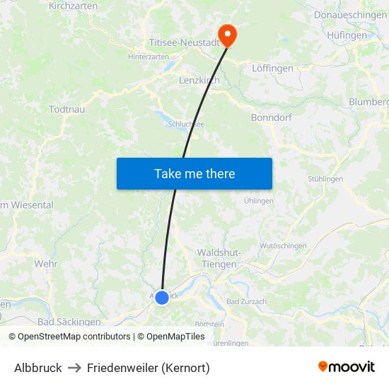 Albbruck to Friedenweiler (Kernort) map