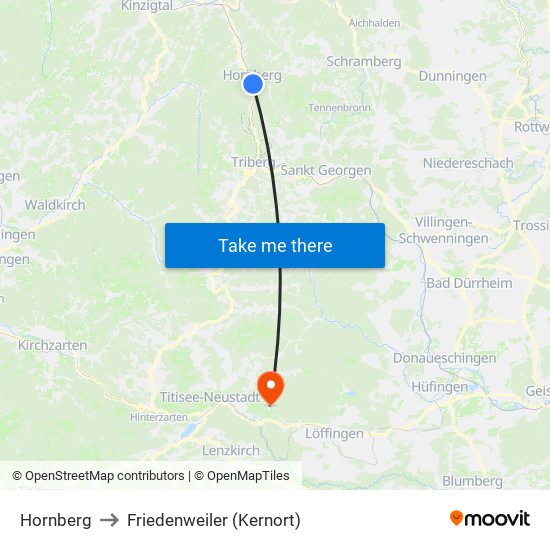 Hornberg to Friedenweiler (Kernort) map