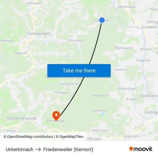 Unterkirnach to Friedenweiler (Kernort) map