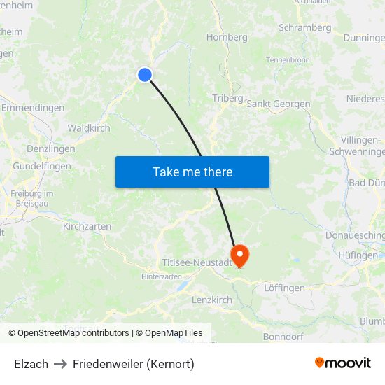 Elzach to Friedenweiler (Kernort) map