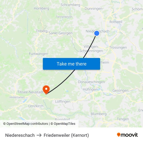 Niedereschach to Friedenweiler (Kernort) map