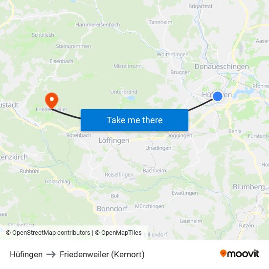 Hüfingen to Friedenweiler (Kernort) map