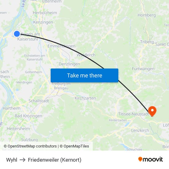 Wyhl to Friedenweiler (Kernort) map