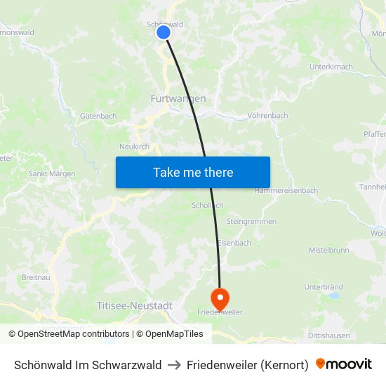 Schönwald Im Schwarzwald to Friedenweiler (Kernort) map