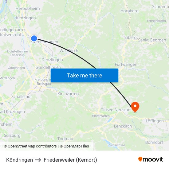Köndringen to Friedenweiler (Kernort) map