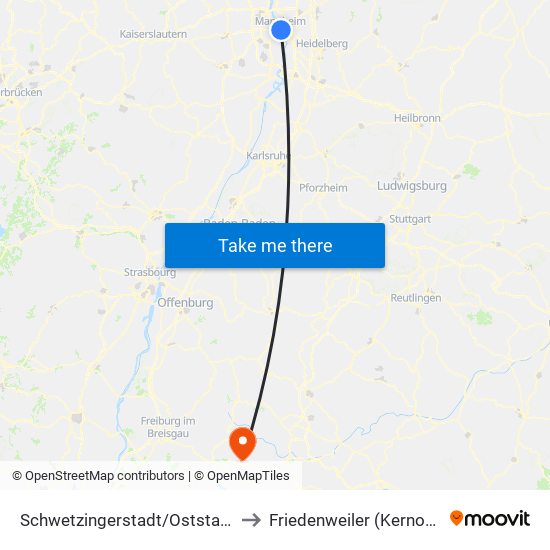 Schwetzingerstadt/Oststadt to Friedenweiler (Kernort) map