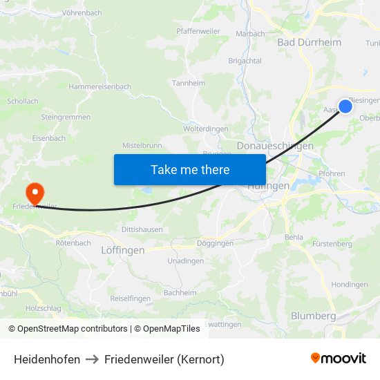 Heidenhofen to Friedenweiler (Kernort) map
