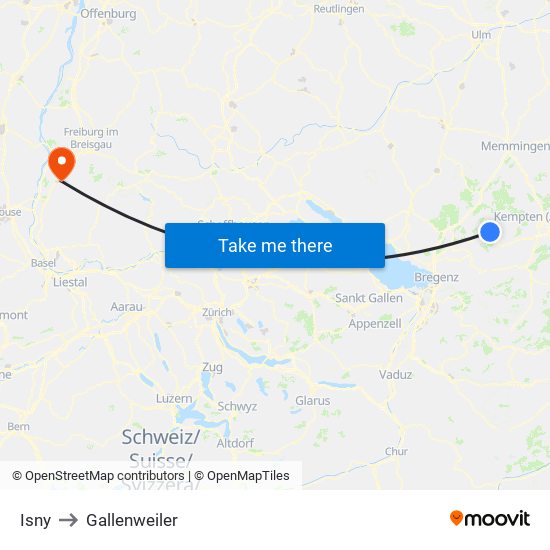 Isny to Gallenweiler map