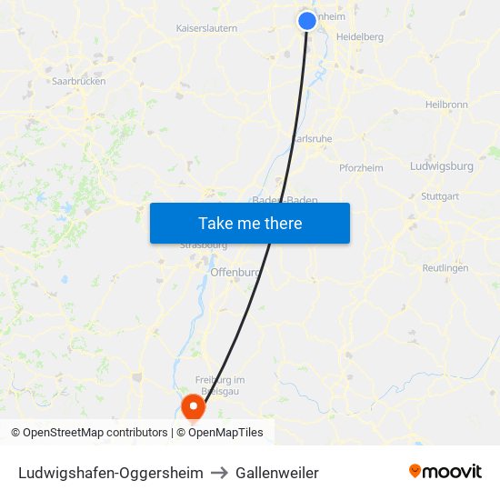 Ludwigshafen-Oggersheim to Gallenweiler map