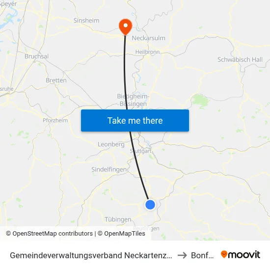 Gemeindeverwaltungsverband Neckartenzlingen to Bonfeld map