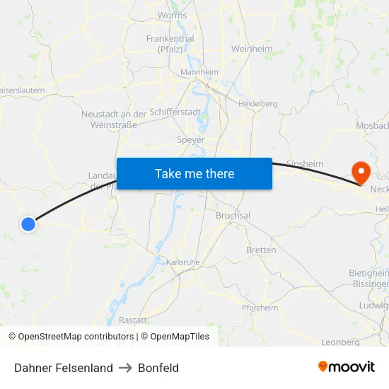 Dahner Felsenland to Bonfeld map