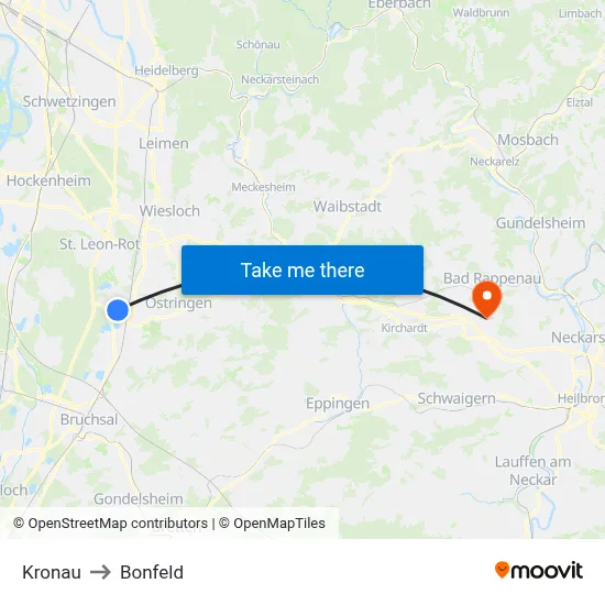 Kronau to Bonfeld map