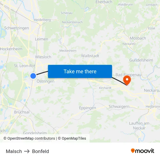 Malsch to Bonfeld map