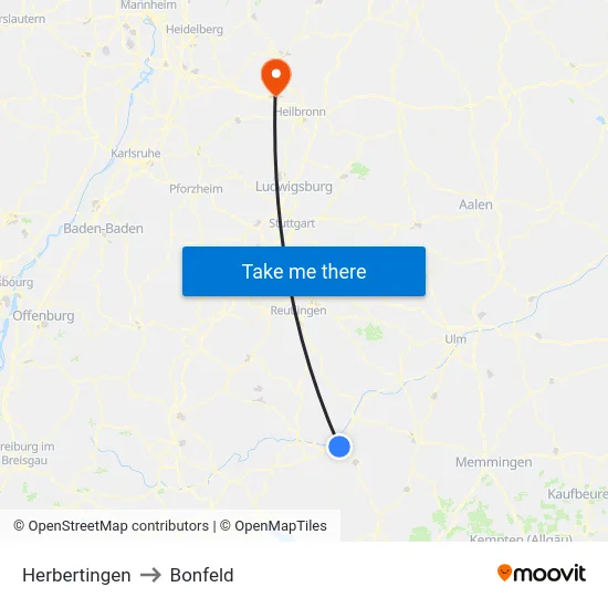 Herbertingen to Bonfeld map