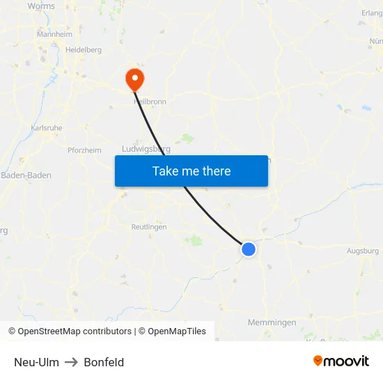 Neu-Ulm to Bonfeld map