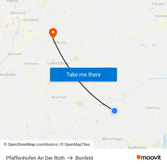 Pfaffenhofen An Der Roth to Bonfeld map