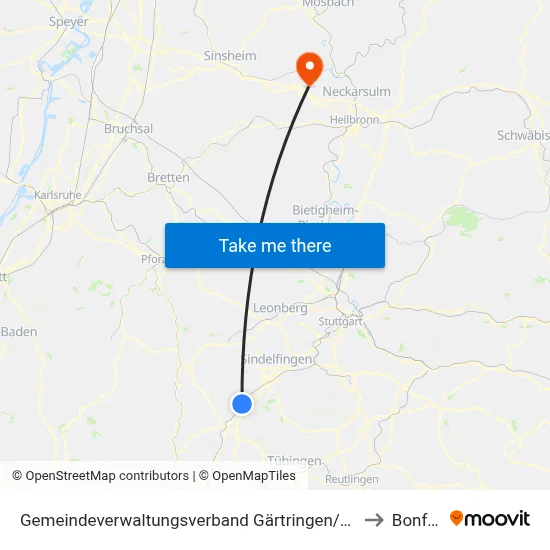 Gemeindeverwaltungsverband Gärtringen/Ehningen to Bonfeld map