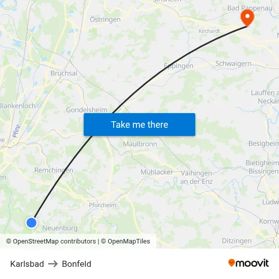 Karlsbad to Bonfeld map