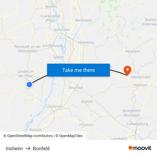 Insheim to Bonfeld map