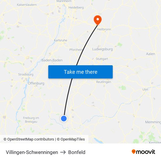 Villingen-Schwenningen to Bonfeld map