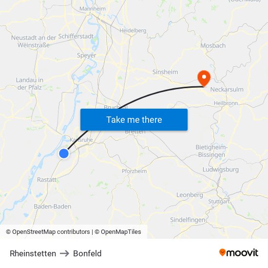 Rheinstetten to Bonfeld map