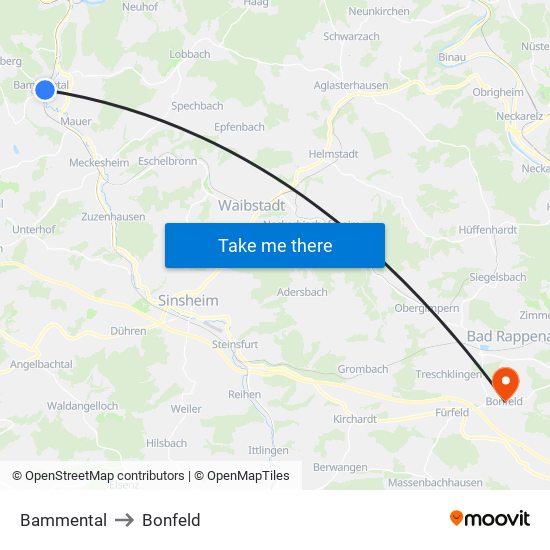 Bammental to Bonfeld map