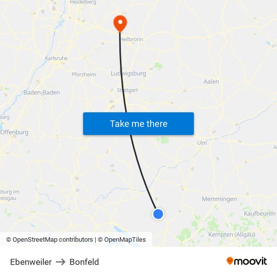 Ebenweiler to Bonfeld map