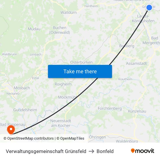 Verwaltungsgemeinschaft Grünsfeld to Bonfeld map