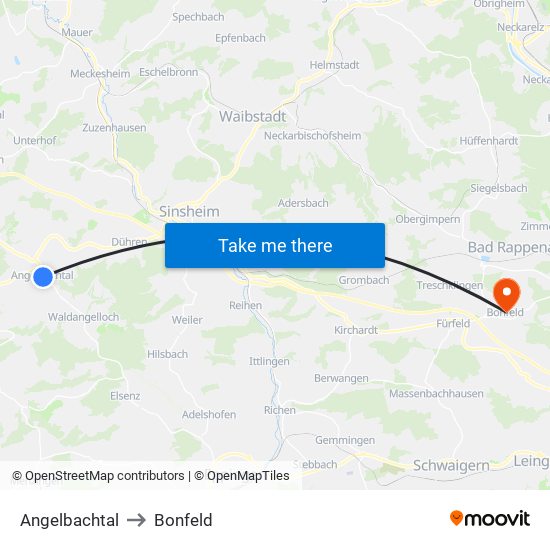 Angelbachtal to Bonfeld map