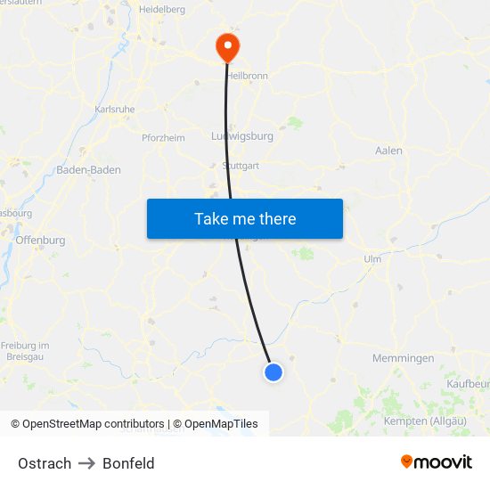Ostrach to Bonfeld map