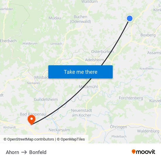 Ahorn to Bonfeld map