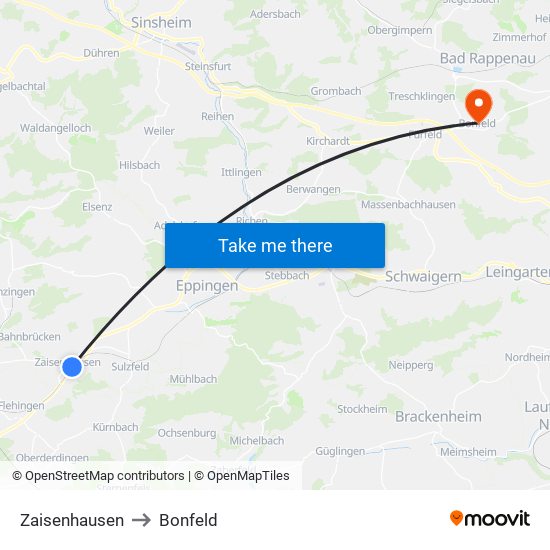 Zaisenhausen to Bonfeld map