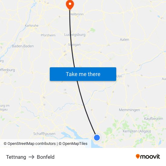 Tettnang to Bonfeld map