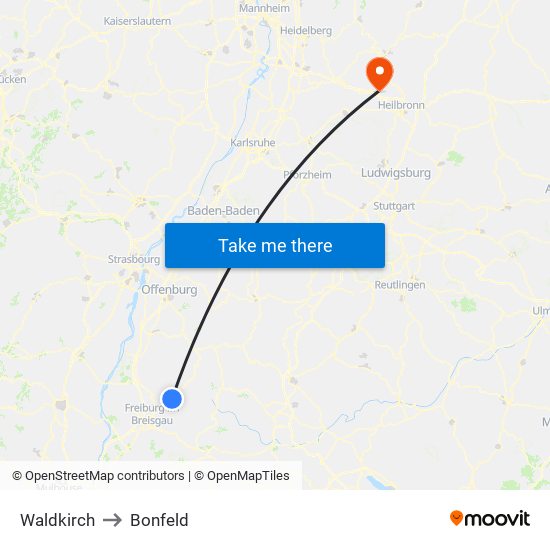 Waldkirch to Bonfeld map