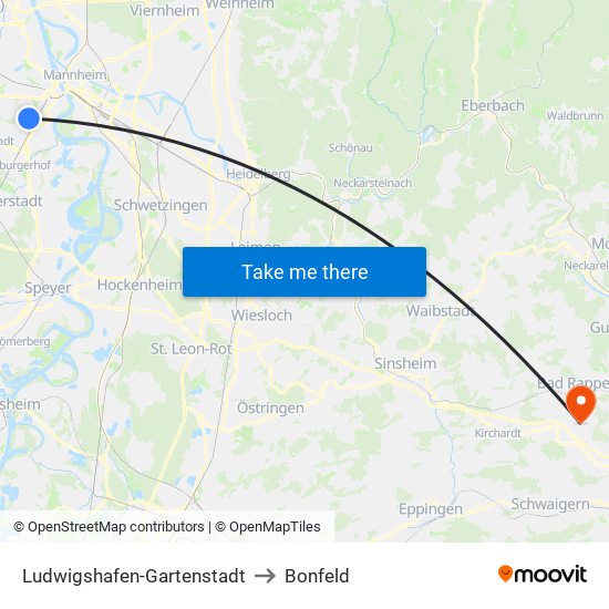 Ludwigshafen-Gartenstadt to Bonfeld map