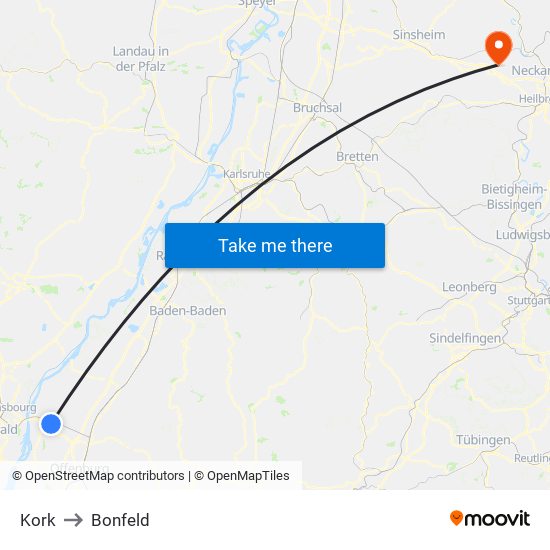 Kork to Bonfeld map