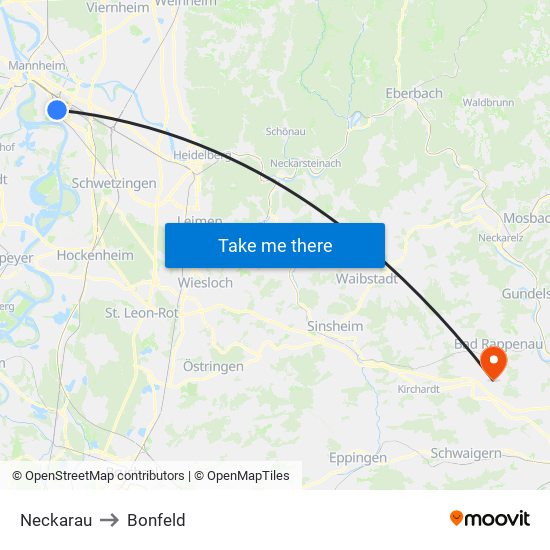 Neckarau to Bonfeld map