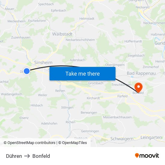 Dühren to Bonfeld map