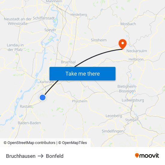 Bruchhausen to Bonfeld map