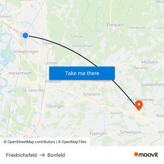 Friedrichsfeld to Bonfeld map