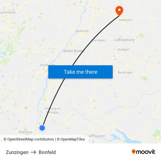 Zunzingen to Bonfeld map